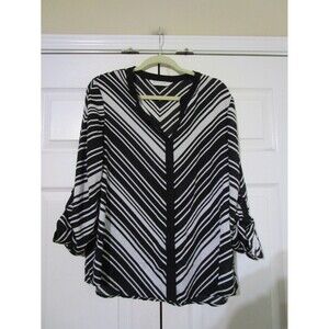 Peter Nygard Womens Button Up Blouse Size Petite 2XL Black White Long Roll Tab S